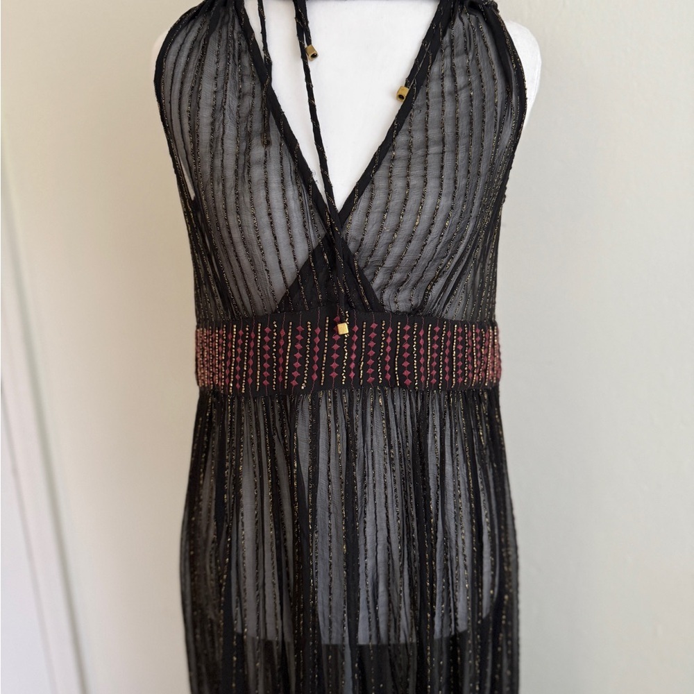 Anthropologie Black & Gold Metallic, Midi Dress by Floriat Size Small - Picture 7 of 16